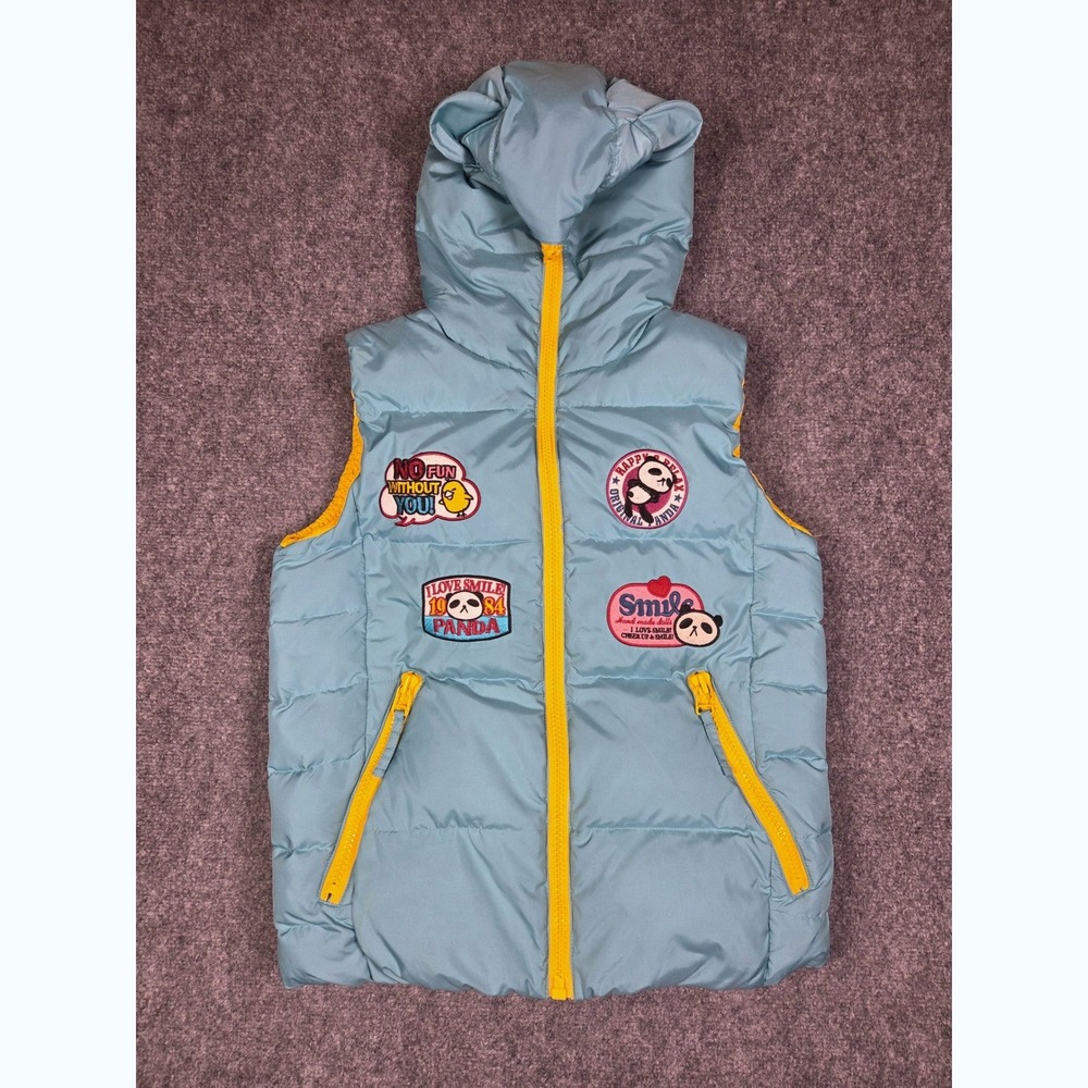 Kawaii Panda Puffer Vest Hooded Down Fill Blue Yellow Korean Y2K Patches Womens